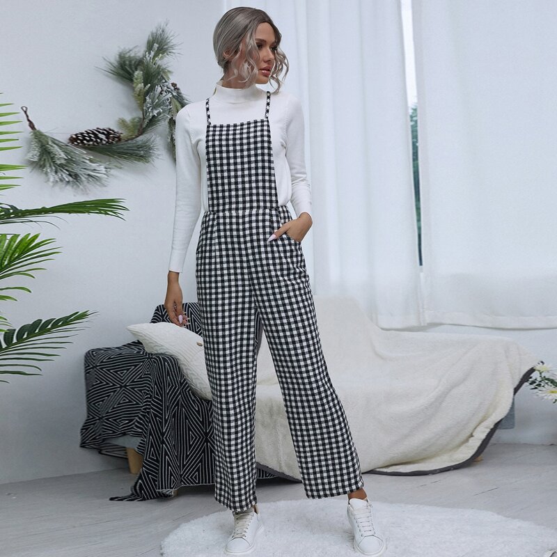 

Gingham Criss Cross Back Suspender Jumpsuit, Black and white