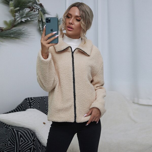 

Solid Zip Up Teddy Coat, Apricot
