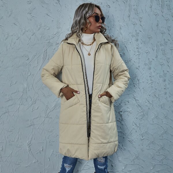 

Pocket Detail Zip Up Puffer Coat, Khaki