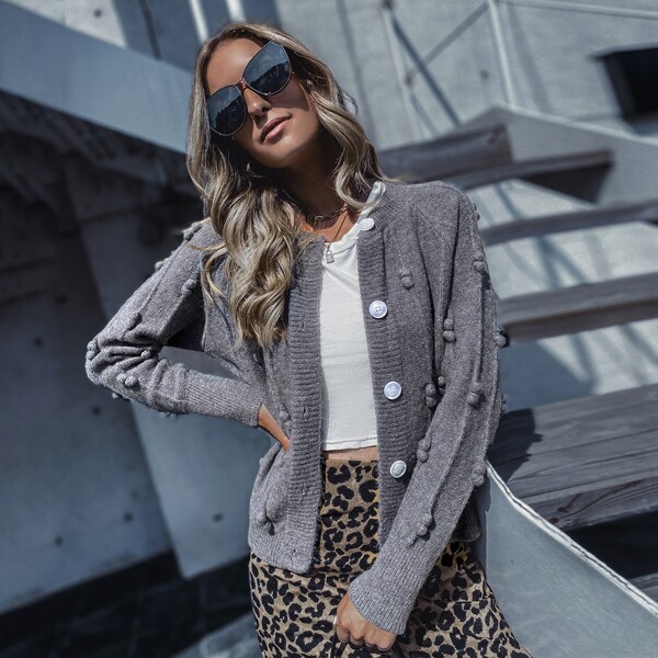 

Popcorn Knit Button Up Cardigan, Dark grey