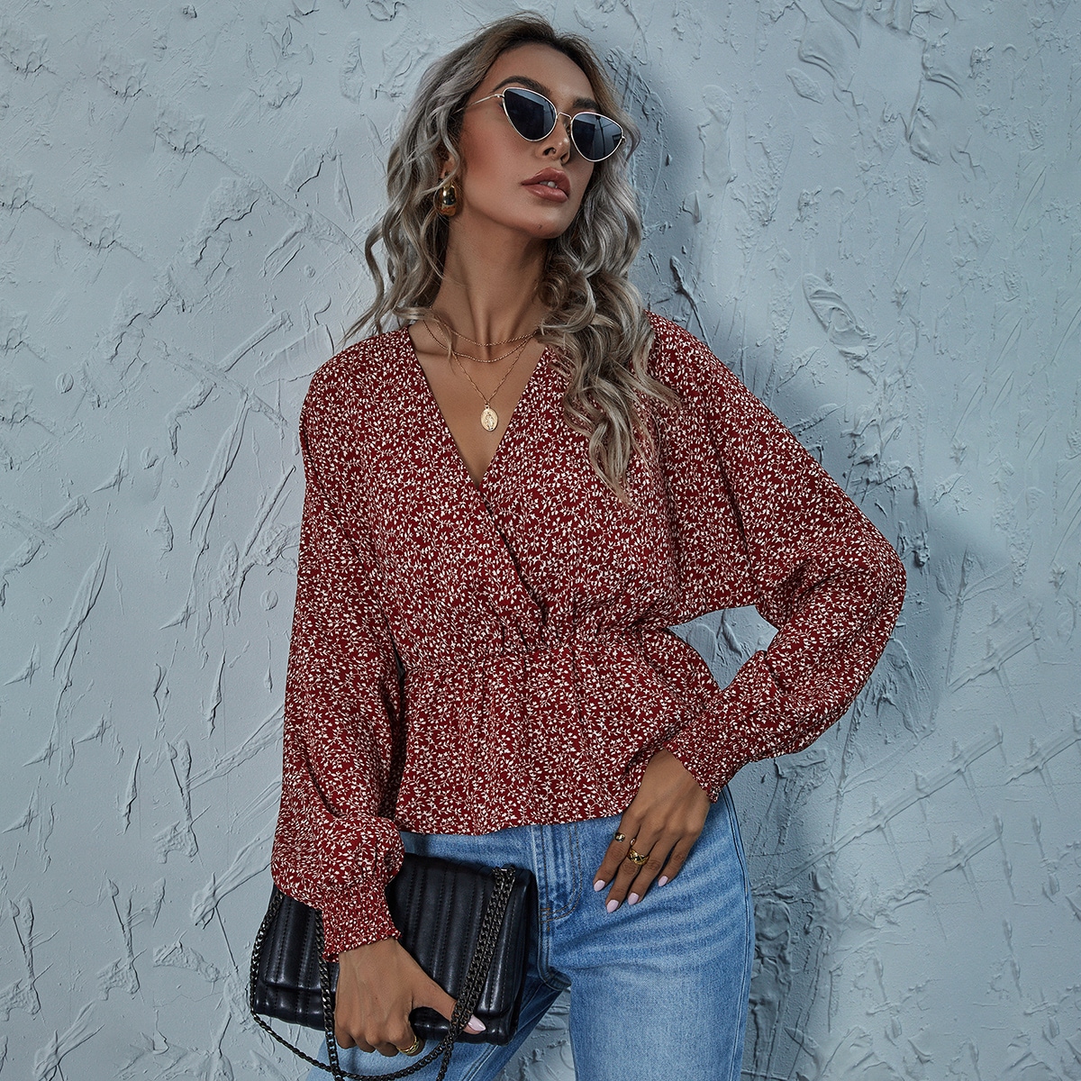 Image of Allover Leaf Print Surplice Front Peplum Blouse