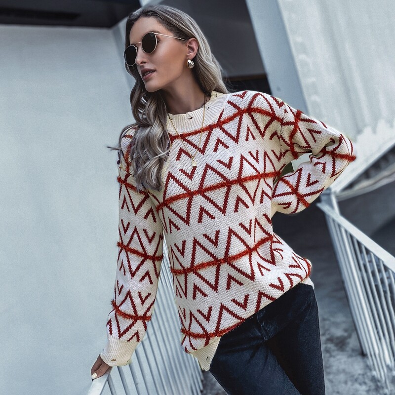 

Argyle Pattern Drop Shoulder Sweater, Red and white
