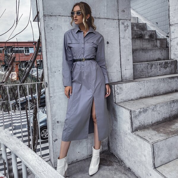 

Half Placket Split Thigh Dress Without Belt, Dusty blue