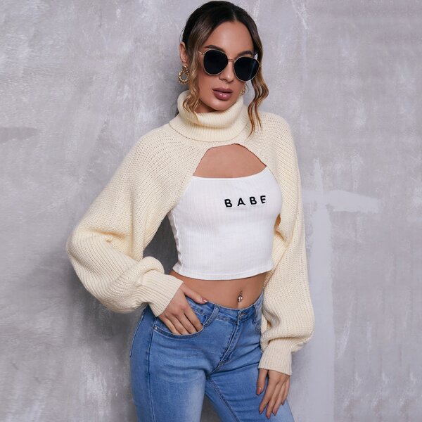 

Turtle Neck Lantern Sleeve Super Crop Sweater, Beige
