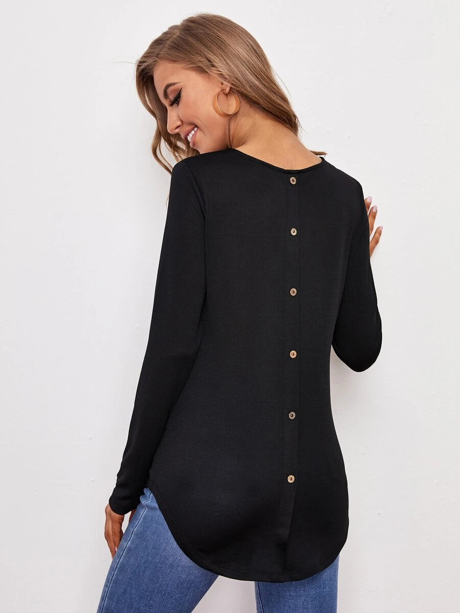 SHEIN LUNE Button Detail Back Curved Hem Tee - Black - View 1