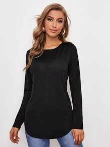 SHEIN LUNE Button Detail Back Curved Hem Tee - Black - View 2