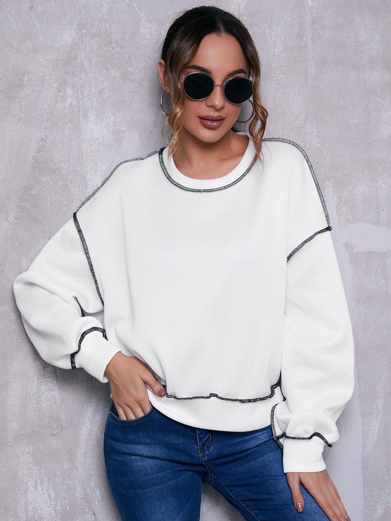 Drop Shoulder Contrast Stitch Pullover thumbnail