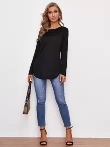 SHEIN LUNE Button Detail Back Curved Hem Tee - Black - View 5