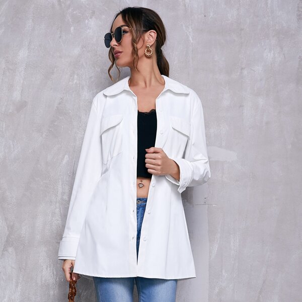 

Collared Flap Pocket Patched Coat, White