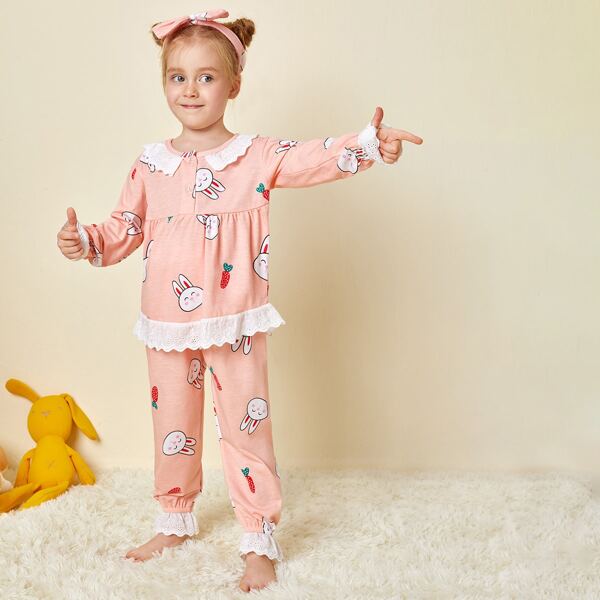 

Toddler Girls Cartoon Rabbit Print Pajama Set, Baby pink