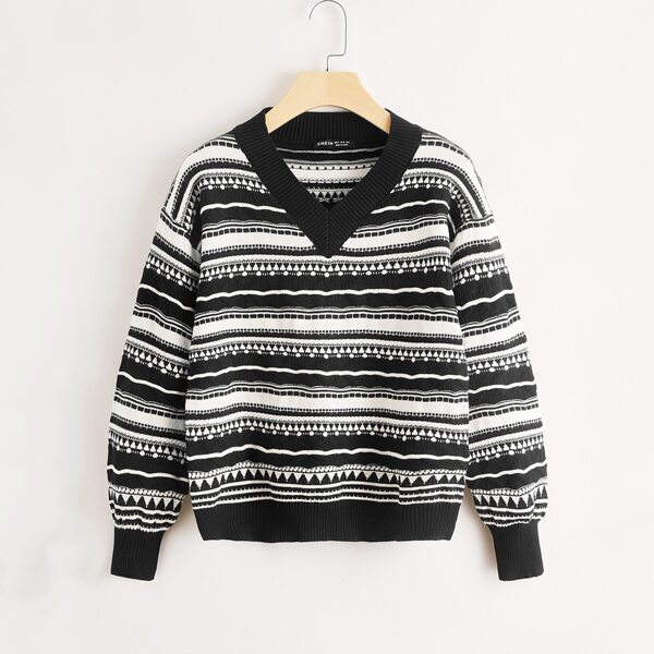 

Drop Shoulder Geo Pattern Sweater, Black and white