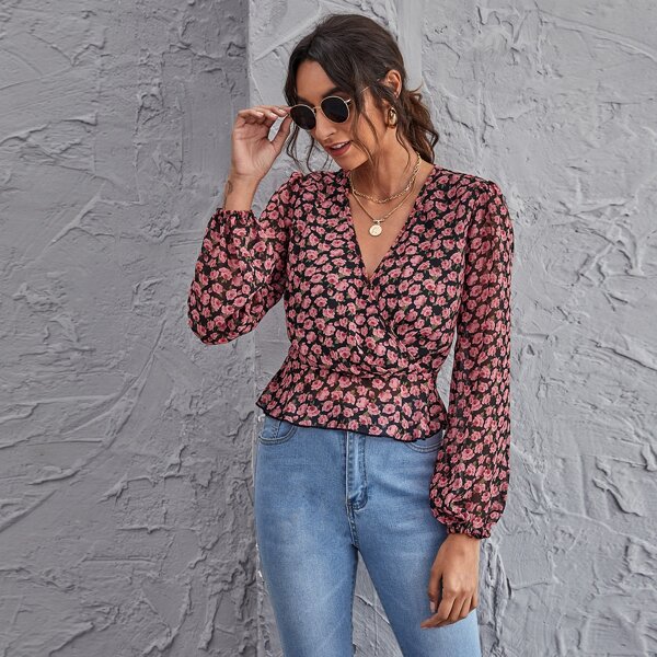 

Lantern Sleeve Floral Peplum Top, Multicolor