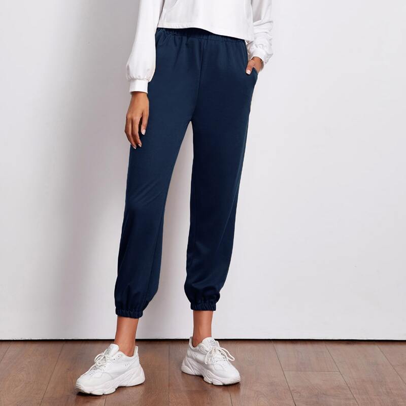 

Solid Elastic Waist Sweatpants, Navy blue