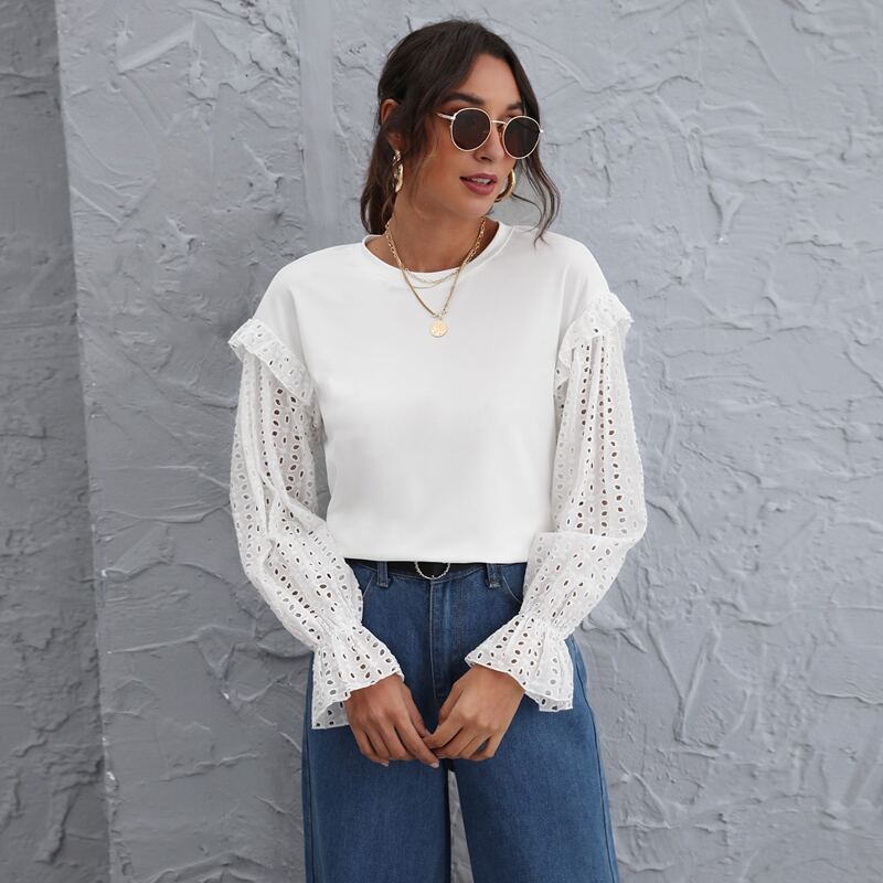 

Ruffle Trim Schiffy Sleeve Top, White