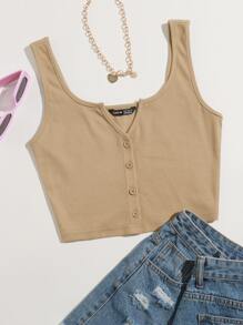 Muchica Top tank con botón delantero de cuello V - Caqui - Ver 1