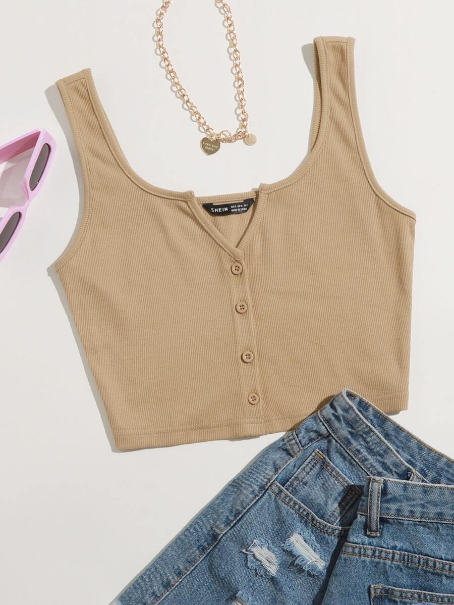 Muchica Top tank con botón delantero de cuello V - Caqui - Ver 1