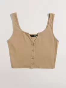 Muchica Top tank con botón delantero de cuello V - Caqui - Ver 3