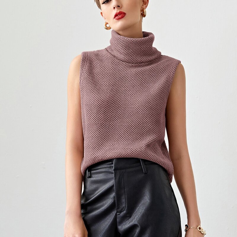 

Turtleneck Waffle Knit Solid Top, Mauve purple