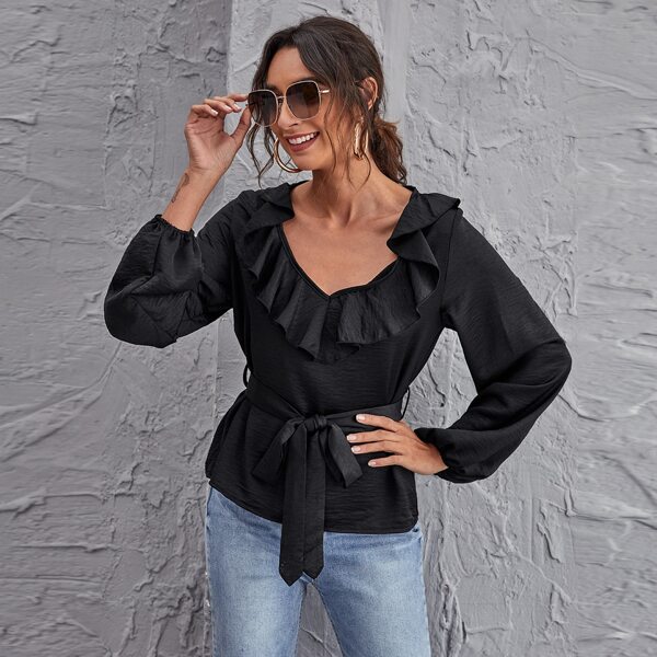 

Lantern Sleeve Ruffle Trim Self Belted Top, Black