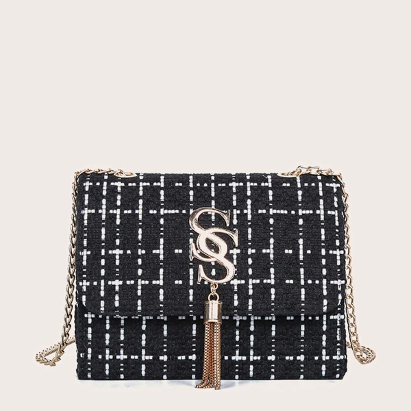 

Metal Tassel Charm Tweed Shoulder Bag, Black