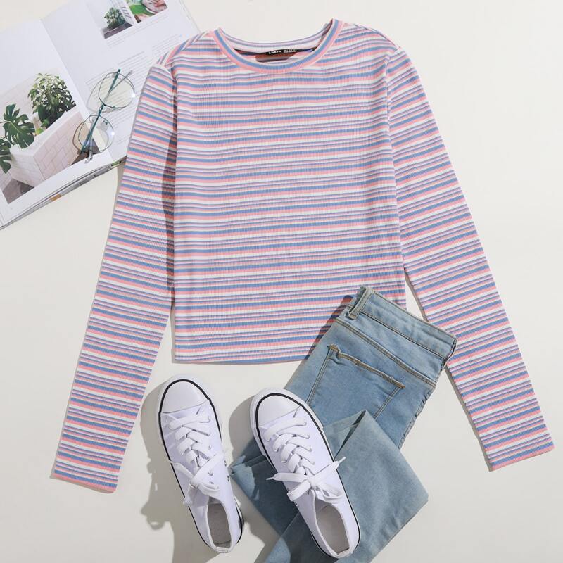 

Round Neck Striped Rib-knit Top, Multicolor