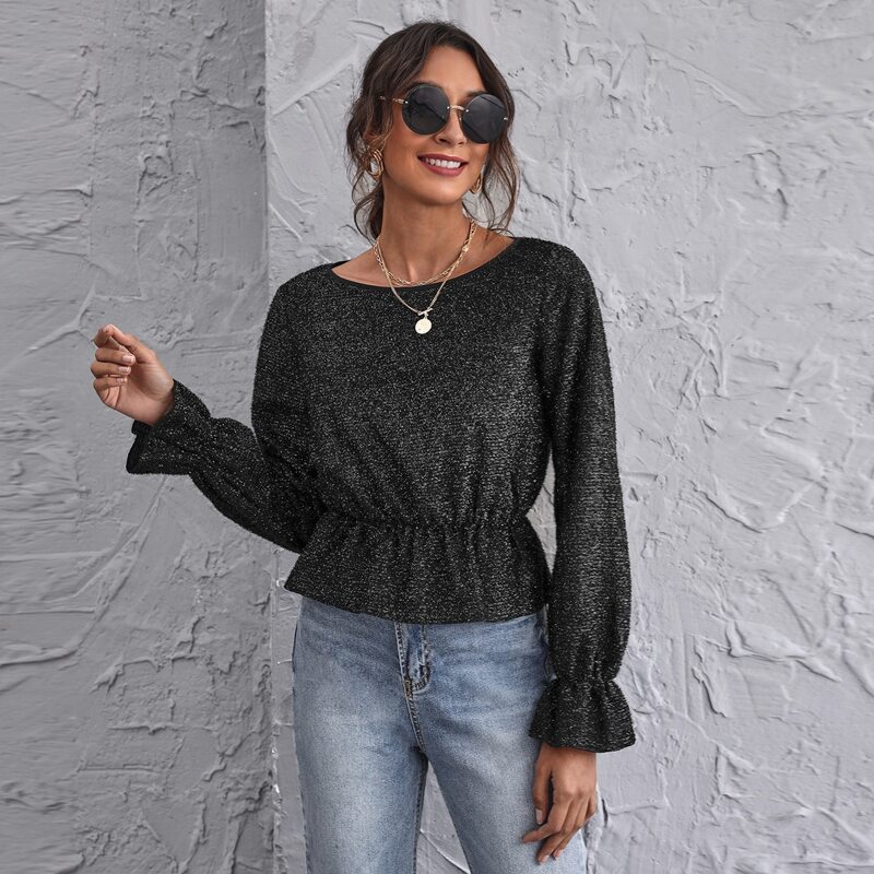 

Flounce Sleeve Glitter Peplum Top, Black