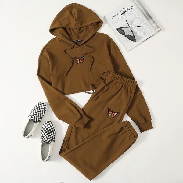 

Butterfly Embroidered Crop Hoodie and Sweatpants Set, Brown