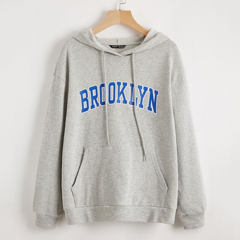 

Letter Graphic Drop Shoulder Pocket Front Hoodie, Light grey