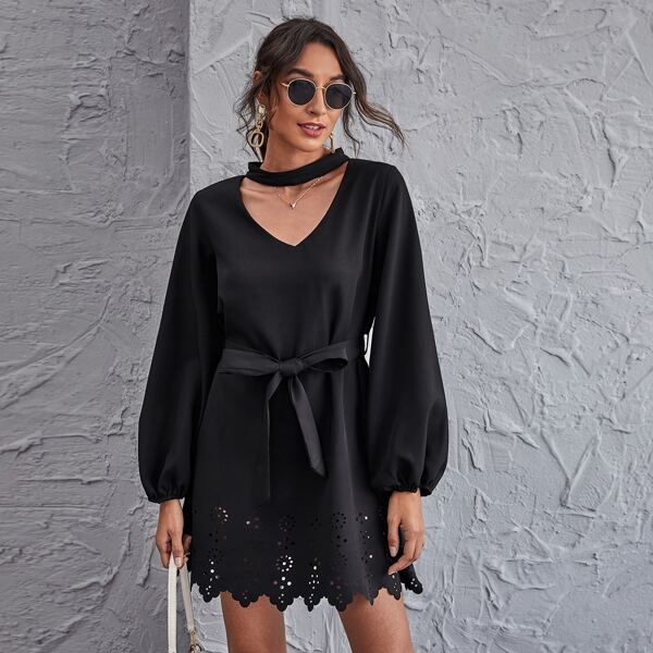 

Keyhole Neck Self Belted Laser Cut Hem Dress, Black