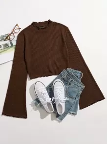 SHEIN Qutie 荷葉邊袖生菜邊T恤 - 巧克力棕 - 查看 1