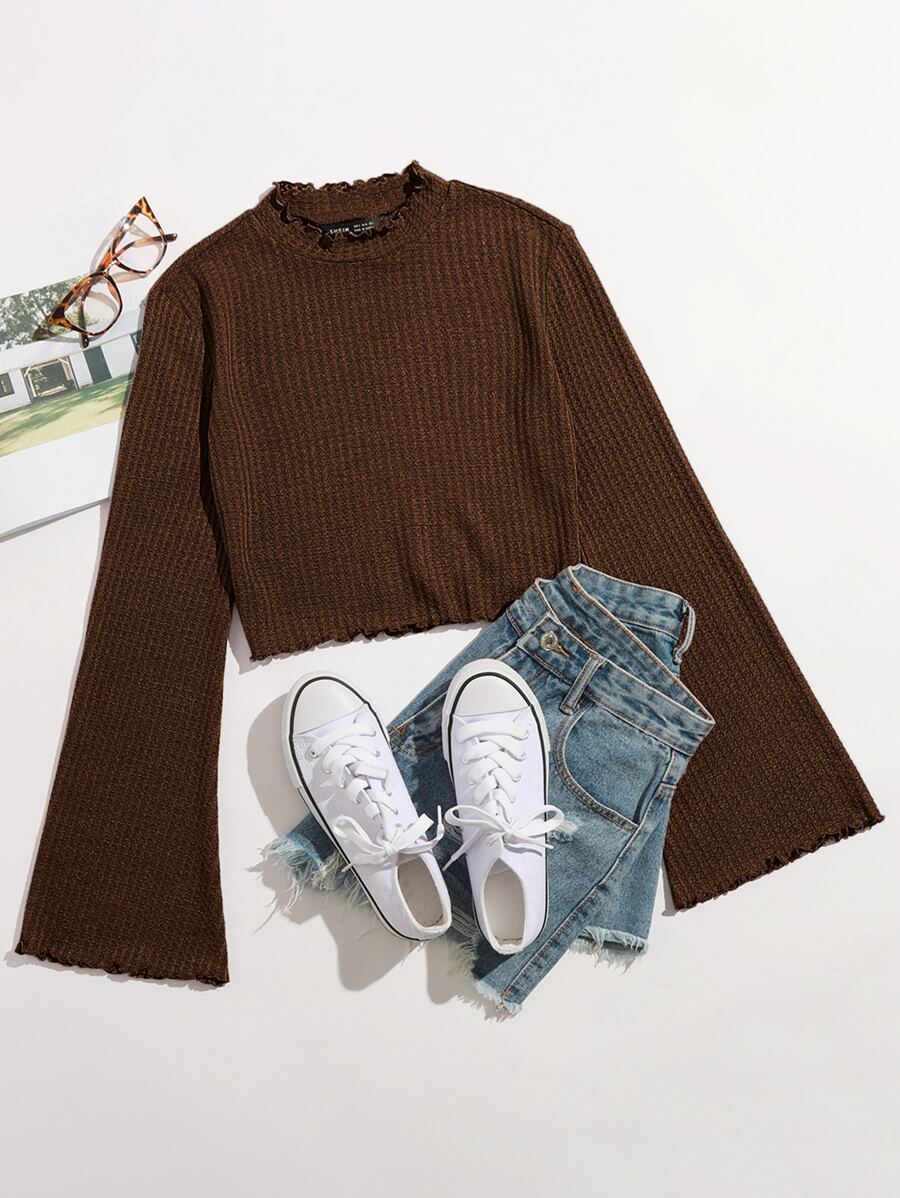 SHEIN Qutie 荷葉邊袖生菜邊T恤 - 巧克力棕 - 查看 1