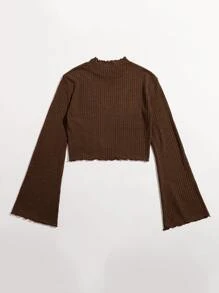 SHEIN Qutie 荷葉邊袖生菜邊T恤 - 巧克力棕 - 查看 2