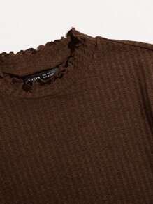 SHEIN Qutie 荷葉邊袖生菜邊T恤 - 巧克力棕 - 查看 4