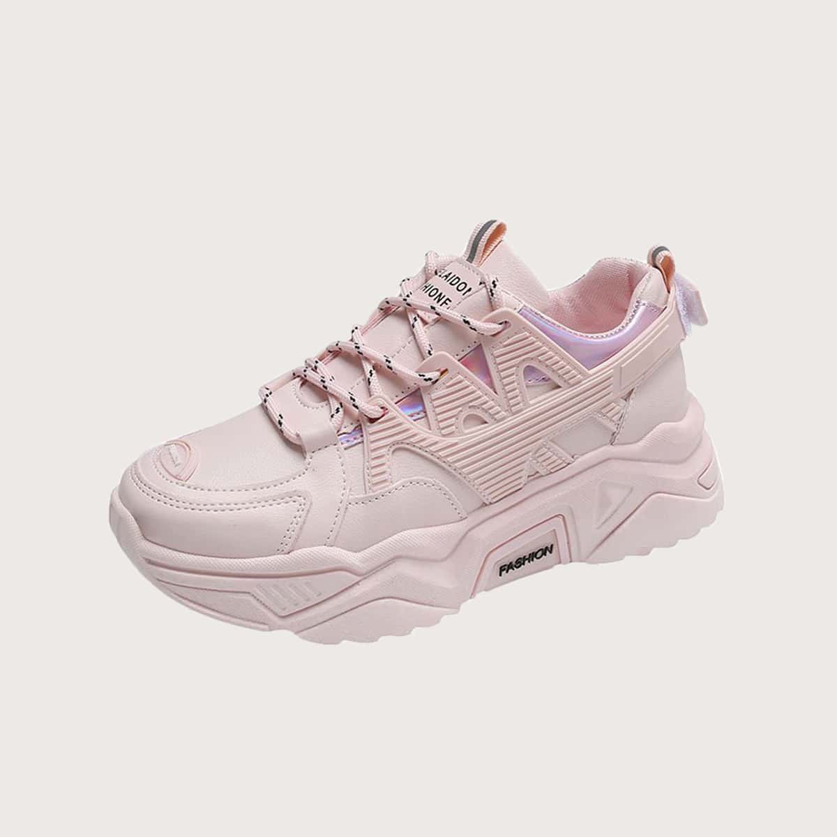 

Holographic Lace-up Chunky Sneakers, Baby pink