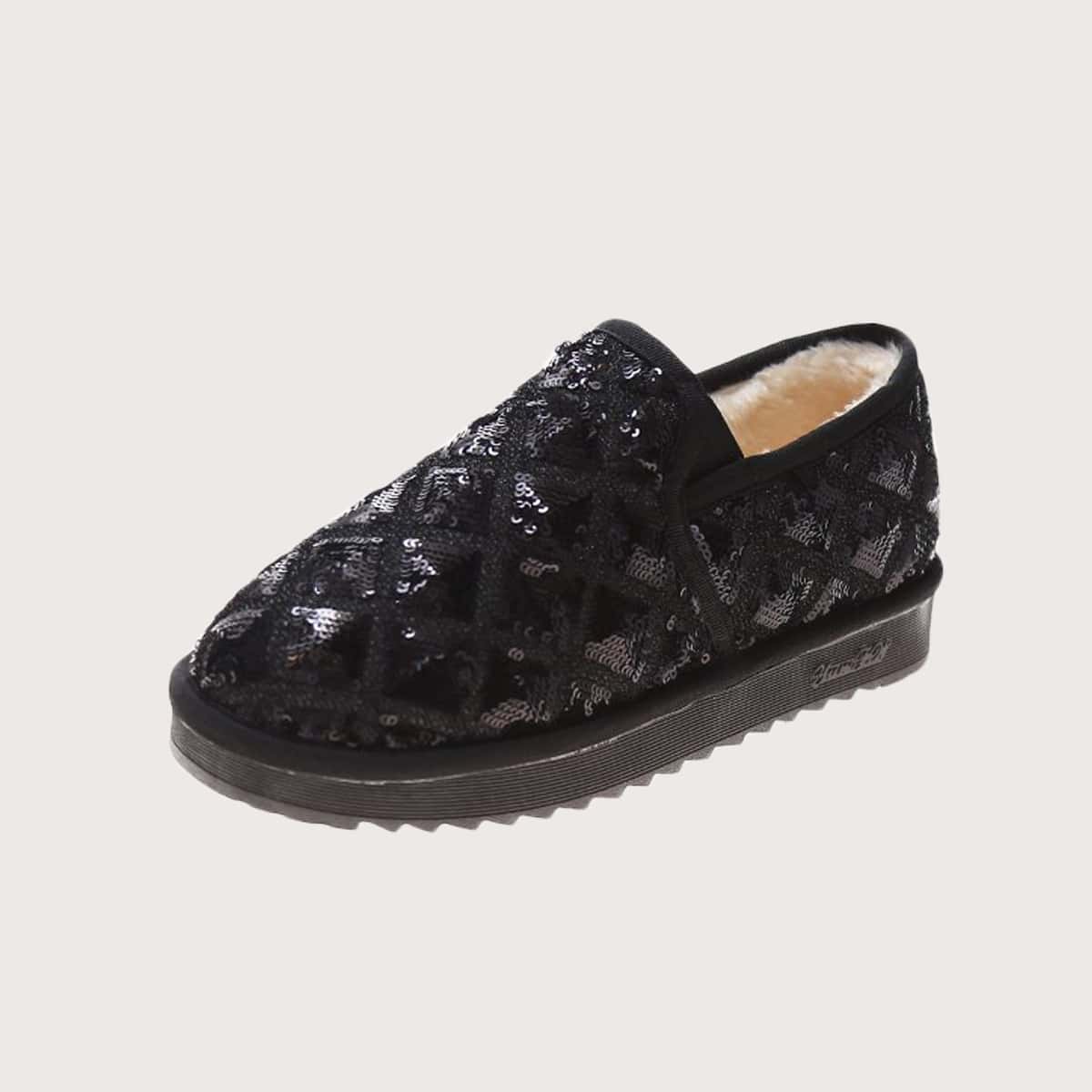 

Sequin Plaid Fluffy Flats, Black