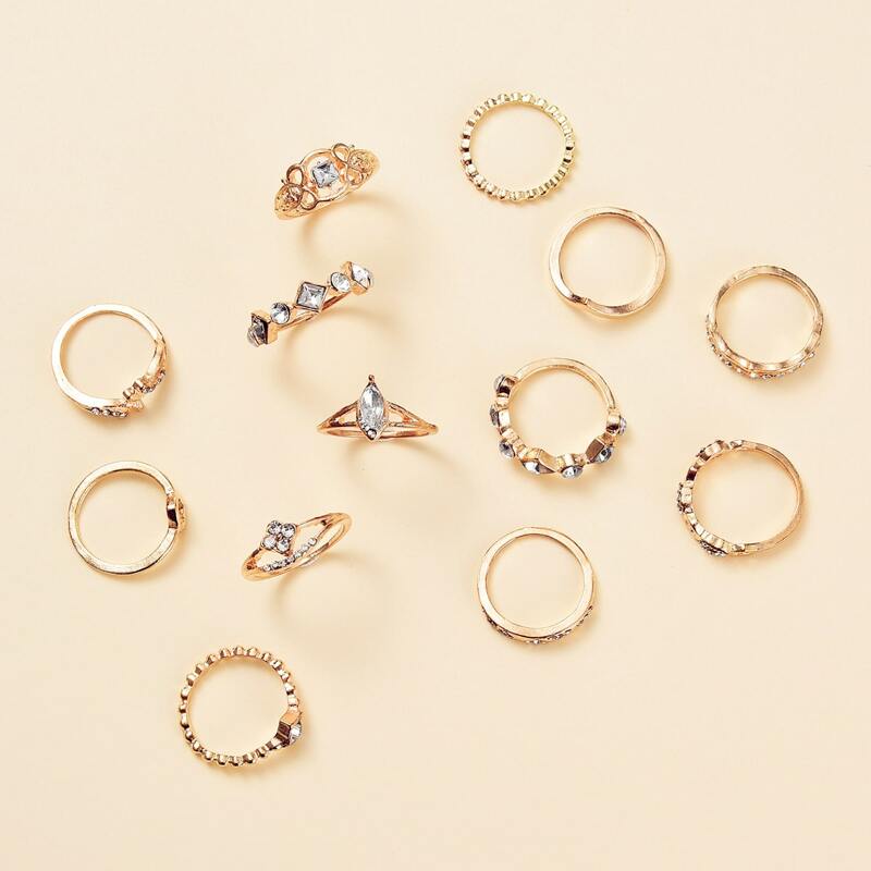 

13pcs Rhinestone Geo Ring, Gold