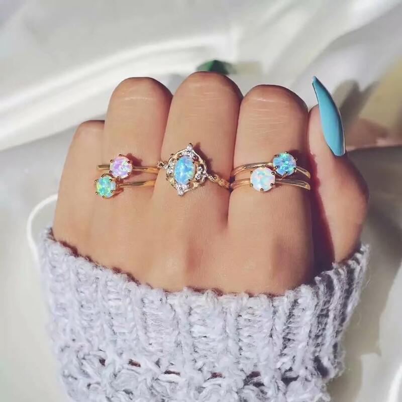 

5pcs Colorful Rhinestone Ring, Gold