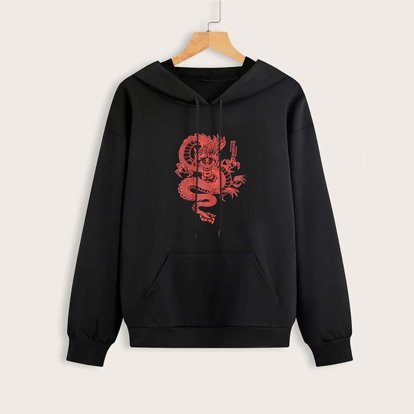 

Chinese Dragon Graphic Kangaroo Pocket Drawstring Hoodie, Black