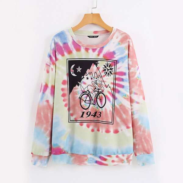 

Tie Dye And Cartoon Graphic Drop Shoulder Sweatshirt, Multicolor