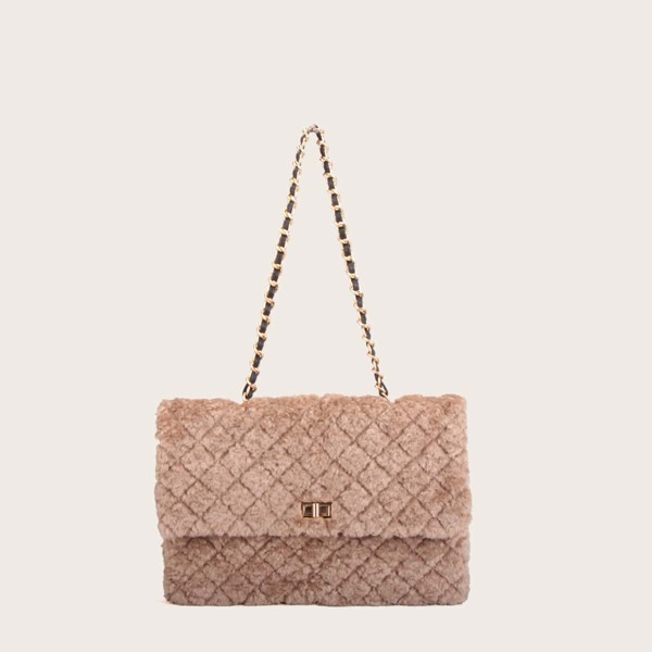 

Quilted Fluffy Chain Shoulder Bag, Apricot