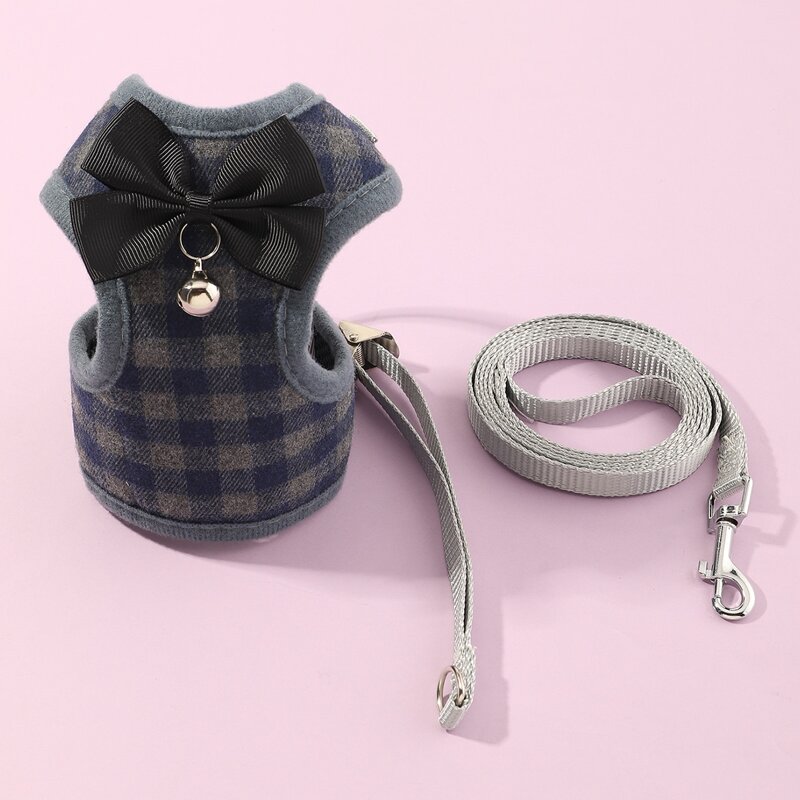 

1pc Bow Decor Plaid Dog Harness & 1pc Dog Leash, Blue