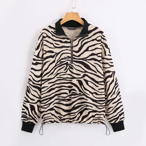 

Zebra Striped Drawstring Hem Sweatshirt, Multicolor