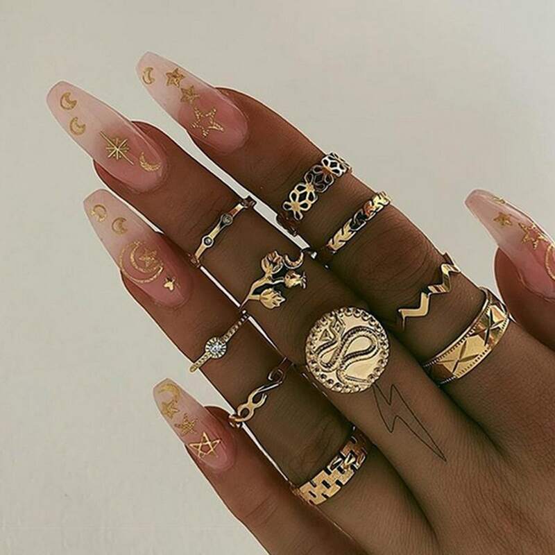 

10pcs Floral & Coin Ring, Gold