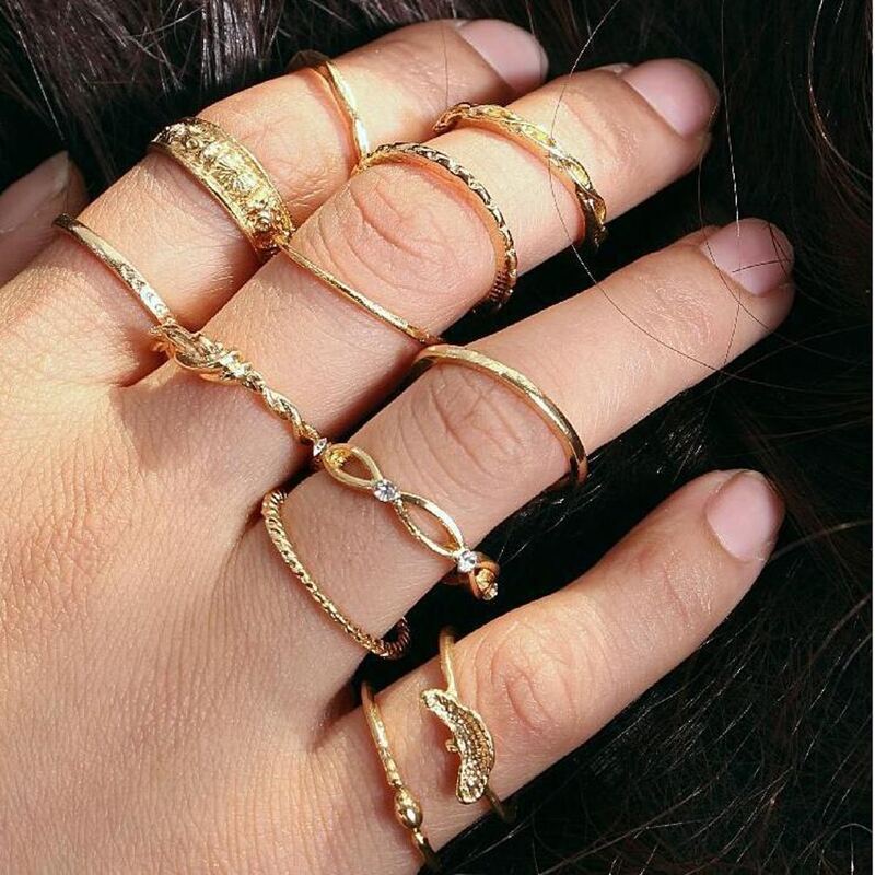 

12pcs Simple Rhinestone Ring, Gold