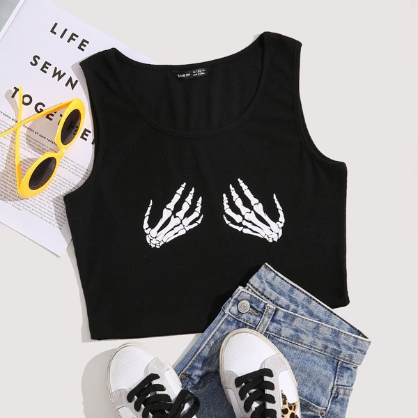 

Scoop Neck Skull Print Rib-knit Tank Top, Black