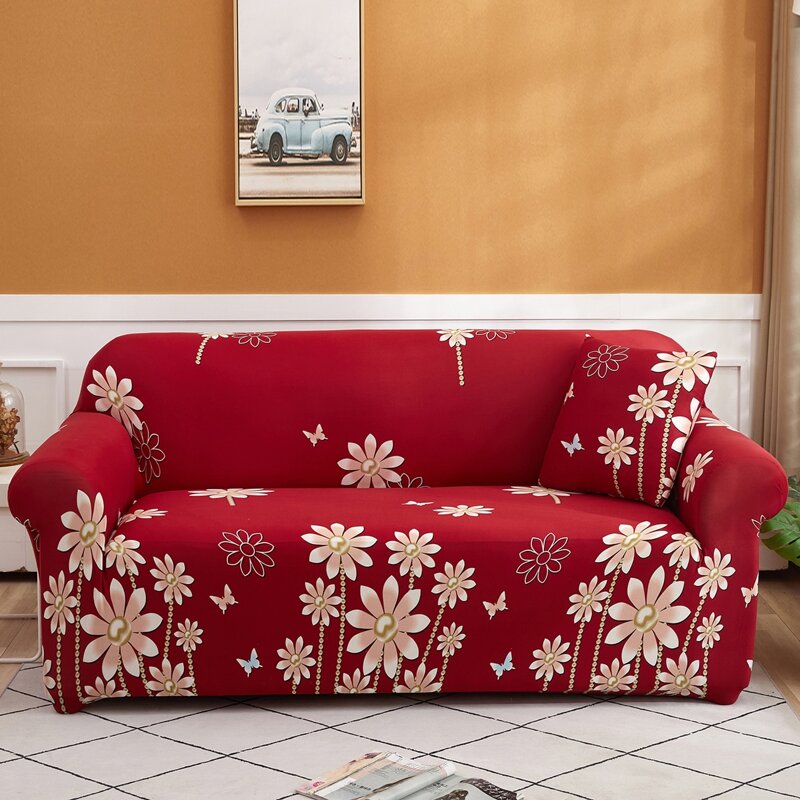 

Flower Print Stretchy Sofa Cover & 1pc Cushion Cover, Red