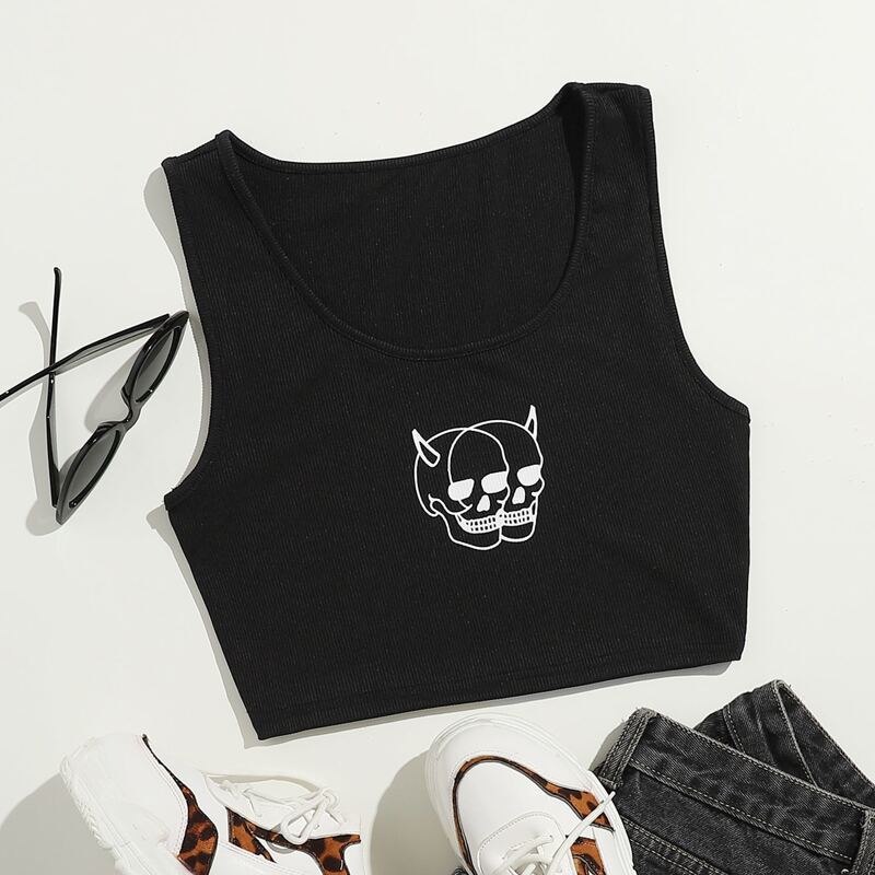 

Skull Graphic Crop Tank Top, Black