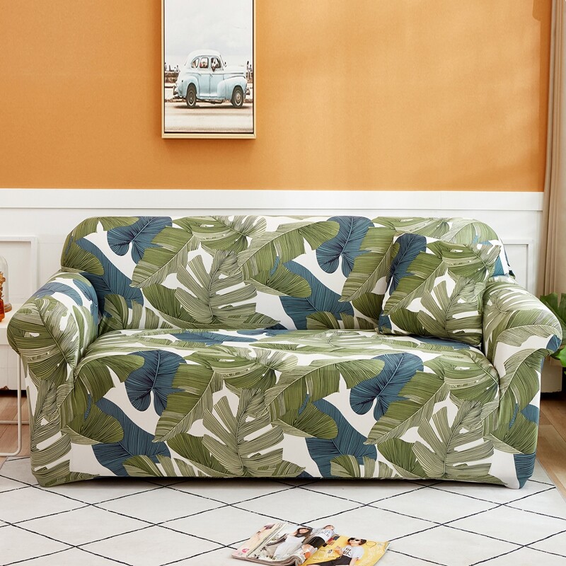 

Leaf Print Stretchy Sofa Cover & 1pc Cushion Cover, Green