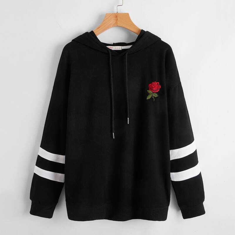 

Varsity Striped Sleeve Floral Embroidery Hoodie, Black