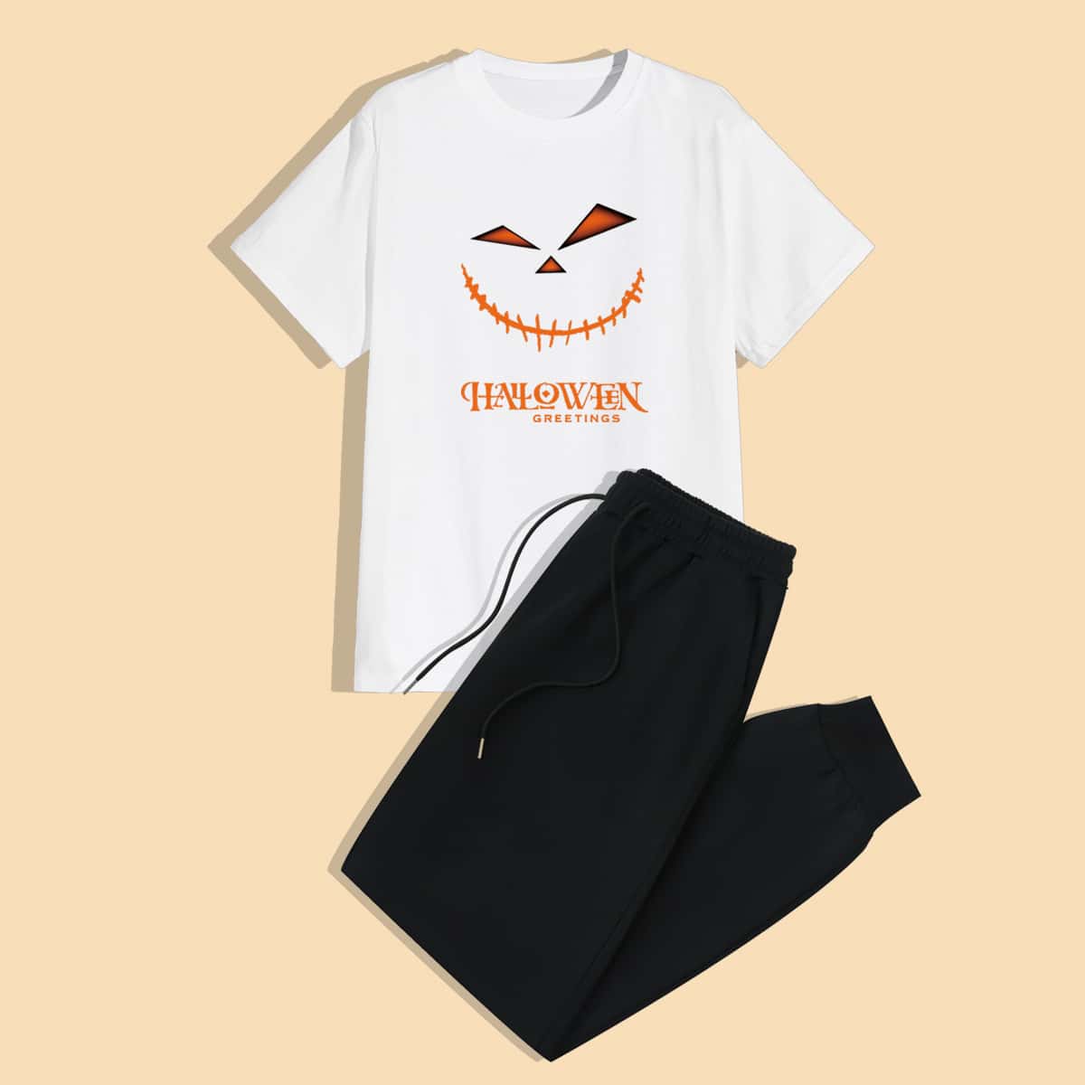 

Guys Halloween Letter Graphic Tee & Solid Sweatpants, Black and white